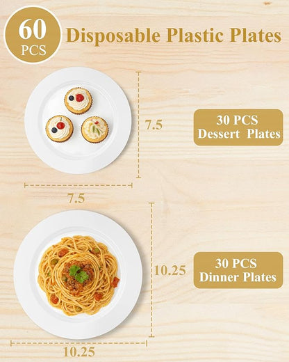 Quatish 60 Pcs White Disposable Plastic Plates for Party,Wedding Plate Includes 30 Pes 10.25 Inch 30 Pes 7.5 Inch Heavy Duty Dinner & Dessert Plates, Perfect for Festivals,Picnics
