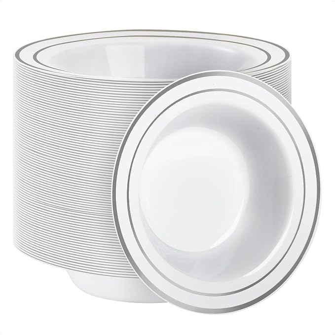 100 Pack Plastic Bowls with Silver Rim | 12oz Disposable Soup Bowls, Heavy Duty by GoodLuck
