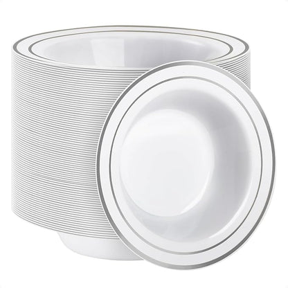 100 Pack Plastic Bowls with Silver Rim | 12oz Disposable Soup Bowls, Heavy Duty by GoodLuck
