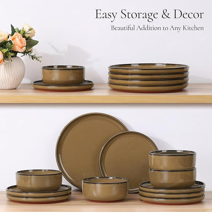 E-far Stoneware Dinnerware Sets for 8, 24 Pieces Reactive Glaze Plates and Bowls Sets, Elegant Dishes with Rustic Terracotta Clay Base, Dishwasher & Microwave Safe, Scratch Resistant, Desert Camel