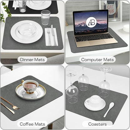 Faux Leather Placemats Set of 6, Vinyl Placemats Wipeable Waterproof Oil-Proof Table Mats, Heat Resistant Reversible Place Mats for Kitchen Indoor Outdoor, 15.8 x 11.8 inches (Grey/Black)
