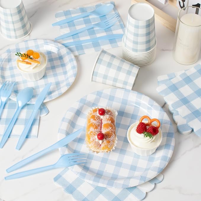 Vyntra 175 Pcs Blue & White Checkered Gingham Paper Plates and Napkins Set - Image 4