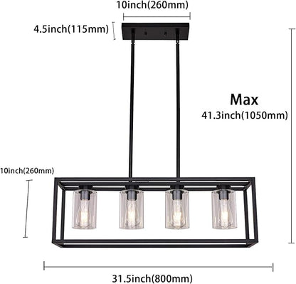 XILICON Black Dining Room Chandeliers Lighting Fixture Linear Pendant Modern 4-Light with Glass Shades Vintage Farmhouse Ceiling Light Hanging for Kitchen Island Cafe Bar