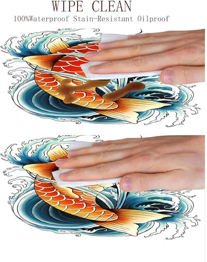 Round Tablecloth, Koi Fish Tablecloth for Side Table, Tattoo Style Japanese Wave, Fit Round Tables 61inch Diameter, for Outdoor Indoor Use, Multicolor