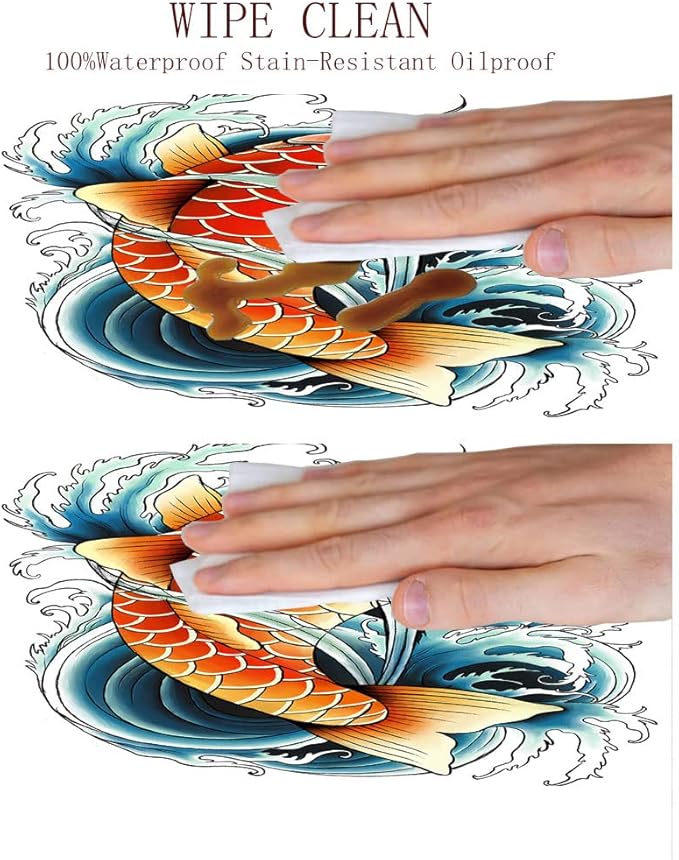 Round Vinyl Fitted Tablecloth, Koi Fish Print Polyester Table Cloth, Tattoo Style Japanese Wave, Fit Round Tables 35inch Diameter, for Holiday Dining Table/Dinner/Party, Multicolor