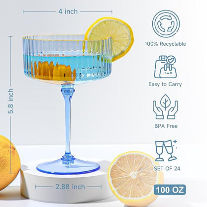 XUWAIDSGN 100 Pcs Champagne Martini Glasses 9 Oz with Gilded Removable Gold Rim Coupe Glasses Pink Martini Glasses Plastic Mimosa Vintage Coupe Glasses Set For Wedding Anniversary (100, Clear Blue)
