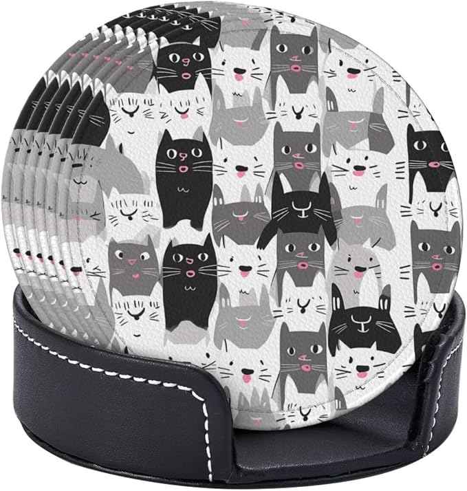 Cartoon Cute Cat Kitten Leather Coasters Set of 6 - Image 9
