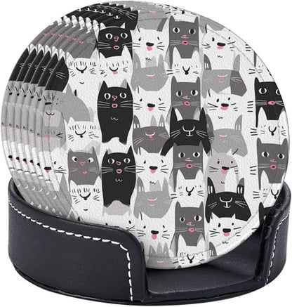 Cartoon Cute Cat Kitten Leather Coasters Set of 6 - Image 9