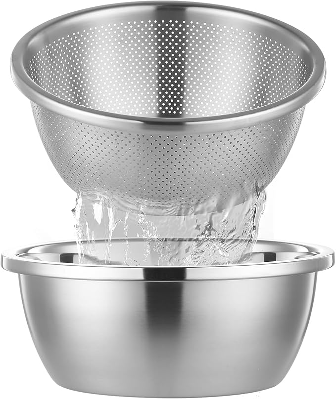 304 Stainless Steel Colander Microporous with Mixing Bowls, 2-Quart Strainers and Colanders for Kitchen, Food-Grade Strainer for Washing Vegetables, Fruit and Rice, Dishwasher Safe(2PCS)