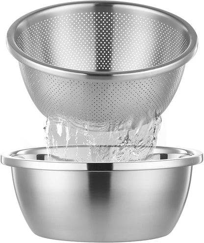 304 Stainless Steel Colander Microporous with Mixing Bowls, 2-Quart Strainers and Colanders for Kitchen, Food-Grade Strainer for Washing Vegetables, Fruit and Rice, Dishwasher Safe(2PCS)