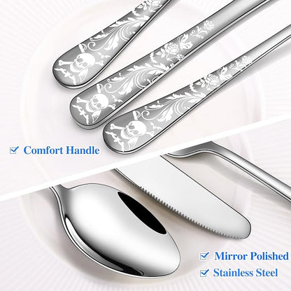 Skull Pattern Silverware Set for 8, OIULO 40-Piece Pirate Pirate Rose Flatware - Image 4