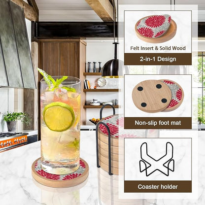 Wood Coasters Set of 6 with Holder, Cewiru Cup Mat - Image 5