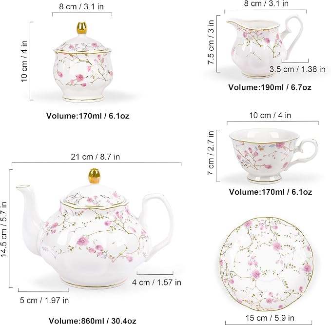 fanquare 21-Piece Gold Vine Floral Porcelain Tea Sets - Image 6