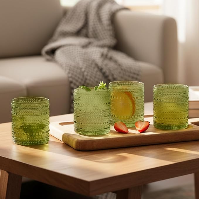 Moretoes 12 Pack 10 Oz Green Vintage Hobnail Drinking Glasses Set | Cocktail - Image 5