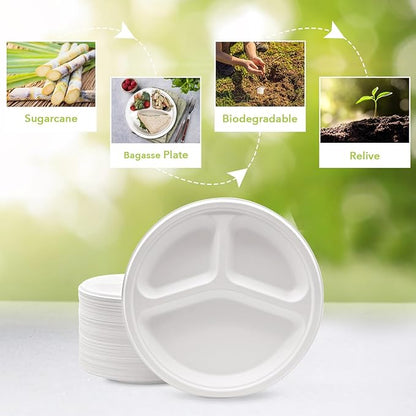 three leaf 10" 3 COMPARTMENT BAGASSE ROUND PLATE, 25 Ct. Heavy-Duty- Super Strong- Natural- Eco-Friendly Disposable Bagasse Plates, 100% Biodegradable 10 inch 3 compartment plates