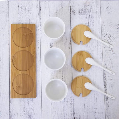 Lucky Goddness Ceramic Sugar Bowls with Bamboo Lids and Spoons-June Sky Muti-Functional Round Condiment Jar for Home- Spice Storage Canister,10.8 oz 320 ML,3 Pcs Set