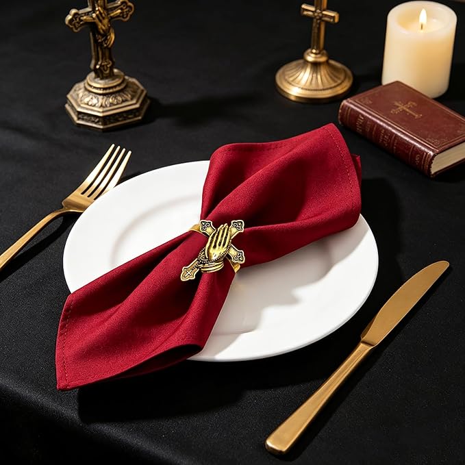Cross Napkin Rings Set of 12 Antique Gold Praying Hands Napkin Holder - Image 2