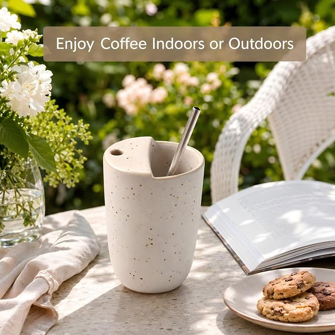 1 Pack Ceramic Coffee Mug with Sip Hole 9.5oz Retro Espresso Cup with Straw and - Image 5