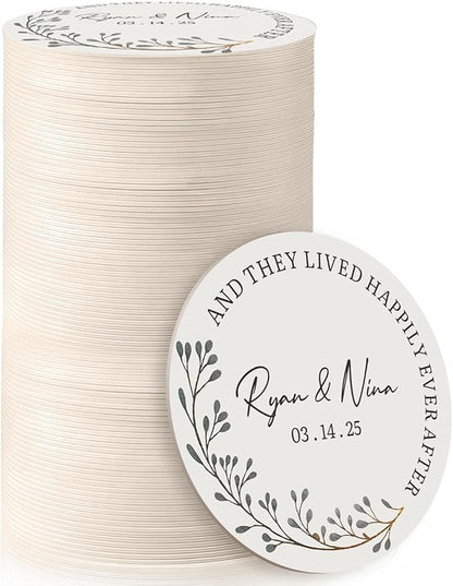 100 Pack Personalized Wedding Coasters, Custom Cardboard Coasters for Drinks with Photo Print and Text, Keepsake Wedding Favors and Gifts for Couples, 3.95" Round (Design 2)