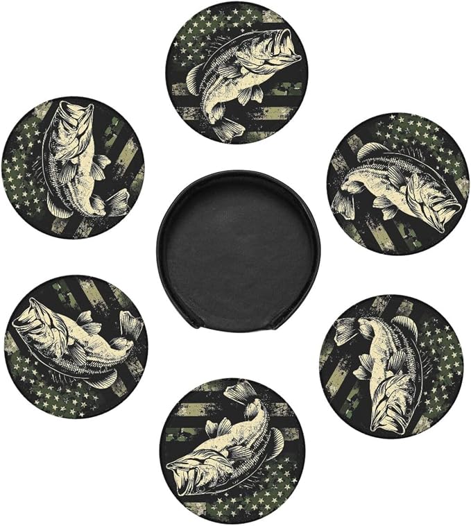 6 Pack Camouflage American Flag Bass Fish Leather Coasters - Image 2