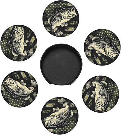 6 Pack Camouflage American Flag Bass Fish Leather Coasters - Image 2
