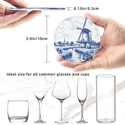 Delft Blue Dutch Windmill Countryside Leather Coasters | 6 Pack Pu Leather - Image 6