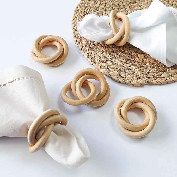 wonlex Wooden Napkin Rings Set of 6, Farmhouse Wood Napkin Ring, Handmade - Image 4