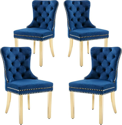 KCC Velvet Dining Chairs Set of 4, Upholstered High-end Tufted Dining Chair with Nailhead Back Ring Pull Trim Stainless Steel Legs, Contemporary Nikki Collection Modern Style for Kitchen, Blue