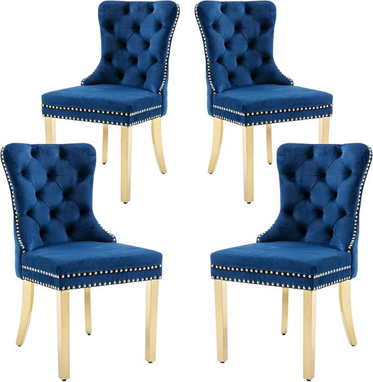 KCC Velvet Dining Chairs Set of 4, Upholstered High-end Tufted Dining Chair with Nailhead Back Ring Pull Trim Stainless Steel Legs, Contemporary Nikki Collection Modern Style for Kitchen, Blue