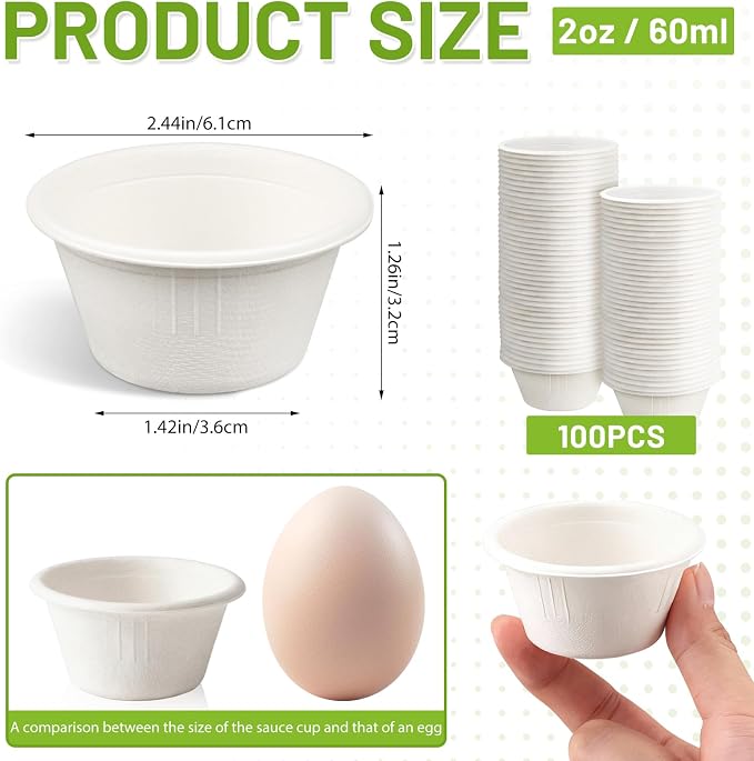 LeonBach 100 Pack 2 oz Natural Bagasse Fiber Paper Bowls, - Image 2