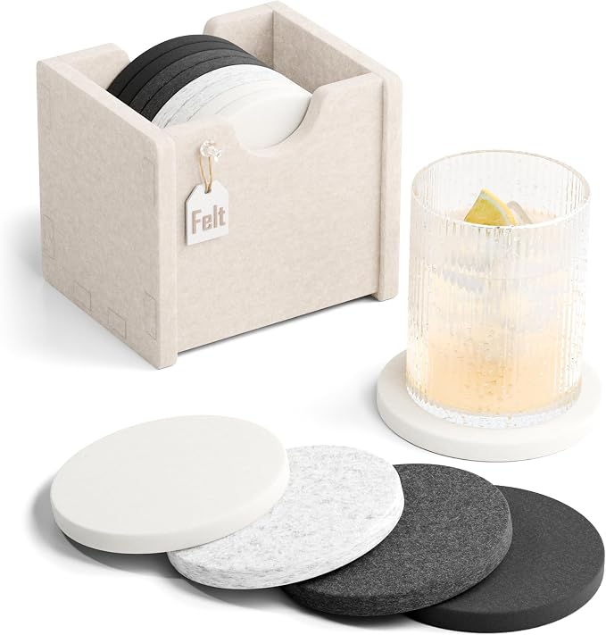 Fluxynara Felt Coasters with Holder, Concrete Echo | Round Felt Coasters by FLUXYNARA