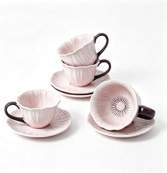 KOOV Latte Cup and Saucer Set of 4, Vintage Hand-Painted 10 oz Ceramic by KOOV