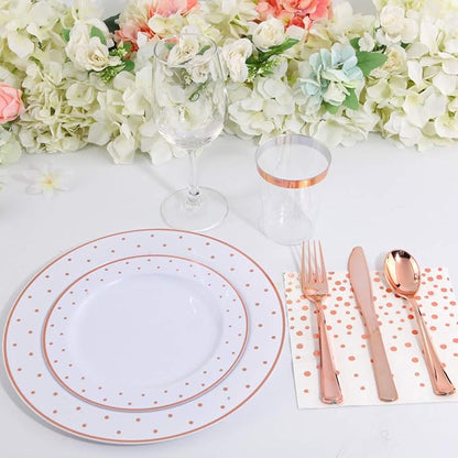WELLIFE 350 PCS Rose Gold Plastic Plates, Includes: 50 Dinner Plate, 50 Dessert Plate, 50 Forks, 50 Knives, 50 Spoons, 50 Cups, 50 Dot Napkins for Party and Wedding