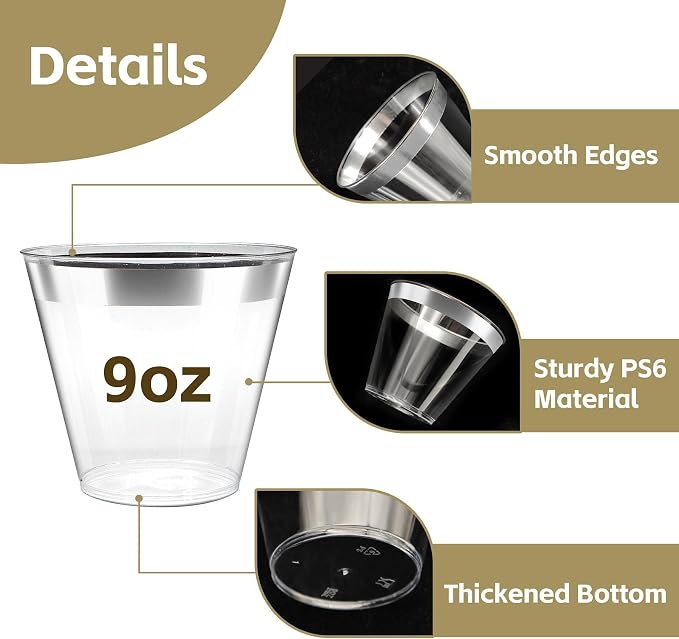 9oz Clear Plastic Cups with Silver Rimmed Sturdy & Food Safe Disposable Wine - Image 6