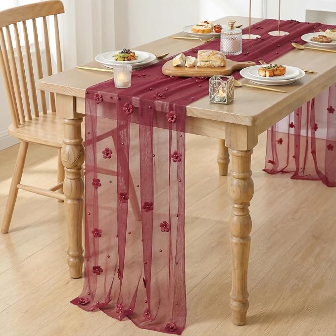 Artoid Mode Burgundy Flower Pearl Burgundy Gauze Table Runner 10FT, Seasonal - Image 3