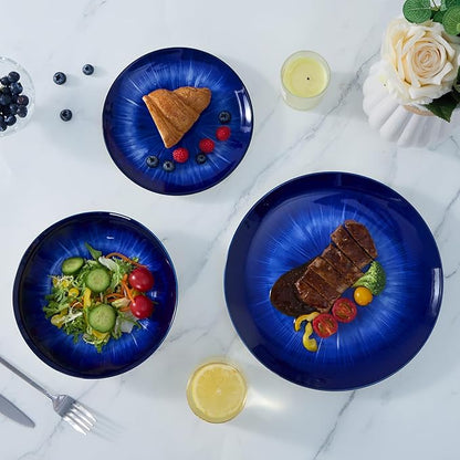 Bestone 12-Piece Round Porcelain Dinnerware Set, Service for 4, Chip Resistant Plates and Bowls, Starburst Turquoise Dark Blue, Dishwasher & Microwave Safe for Home Daily Use