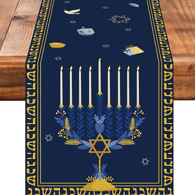 Hanukkah Burlap Table Runner Seasonal Kitchen Dining Linen Table Decoration by Worltoldb