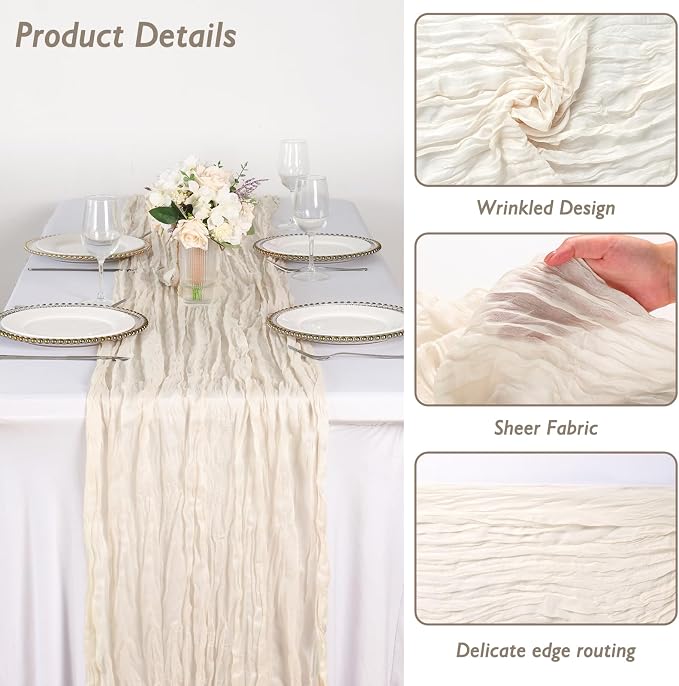 6 Pack Ivory White Cheesecloth Table Runner 120 Inch Boho Wedding Decor | - Image 3