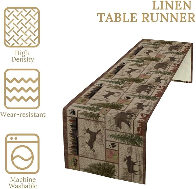 Rustic Moose Deer Bear Table Runner, Retro Vintage Bear Cottage Country Style - Image 4