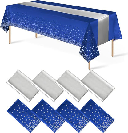 8Pack Disposable Plastic Tablecloths and Satin Table Runner Set Blue and Silver by MASHAN