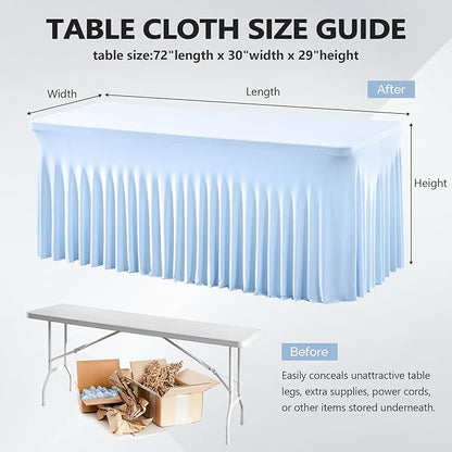 Wish Care 2 Pack Baby Blue Spandex Table Clothes for 6 Foot Rectangle Tables, 6FT Wrinkle Free Fitted Tablecloths Ruffles Design Table Cover for Party, Banquet, Wedding and Events