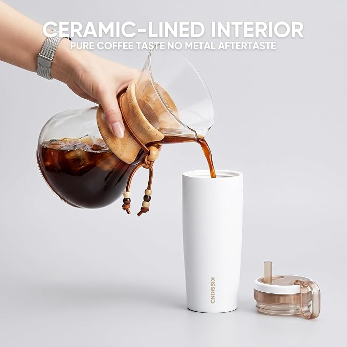 KISSKIND Leakproof Iced Coffee Tumbler 20 oz, Insulated Ceramic Lined Cup | - Image 6