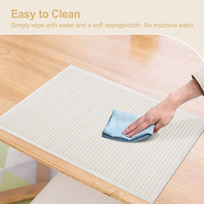 Bamboo Placemats with Fabric Border Set of 8 Natural Bamboo Rectangular Rolling Table Mats for Dining Kitchen Table Heat Resistant Table Protection White