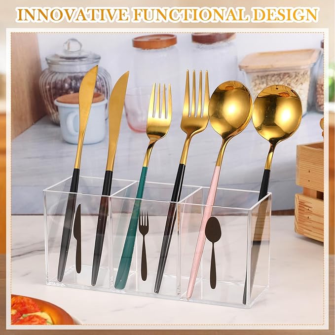Suzile Acrylic Cutlery Storage Organizer Bin Silverware Caddy Countertop Knife Spoon and Fork Holder Kitchen 3 Section Tableware Storage Box for Cabinet Indoor Home Flatware Dining Room (Clear,M)