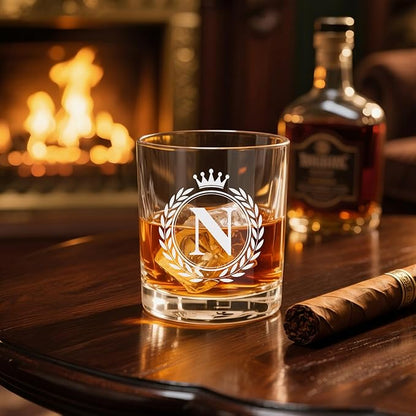 Whiskey Glasses - Rocks Old Fashioned Glass Gifts for Men, Monogrammed A-Z 10oz Personalized Whisky Glasses, Christmas Birthday Gifts for Men Him Dad Father Husband Brother Son (N)