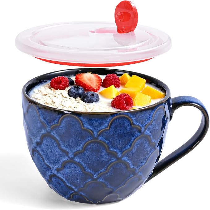 24 oz Ceramic Soup Mug with Handle & Lid, Large Microwave Safe Soup Bowl by Ceramictableware