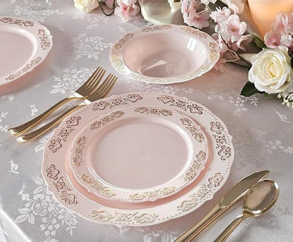 " OCCASIONS " 240 Plates Pack,(120 Guests) Vintage Wedding Party Disposable Plastic Plates Set-120x10.25'' Dinner +120x7.5'' Salad/Dessert Plate (Portofino Light Pink/Blush & Gold)