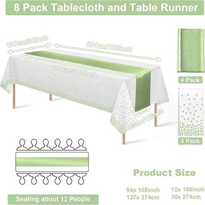 8Pack Plastic Tablecloths and Satin Table Runner Set Disposable White and Sage - Image 2