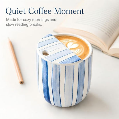 Ceramic Mug with Sip Hole 10 oz Novelty Blue Striped Ceramic Ice Coffee Mug - Image 6