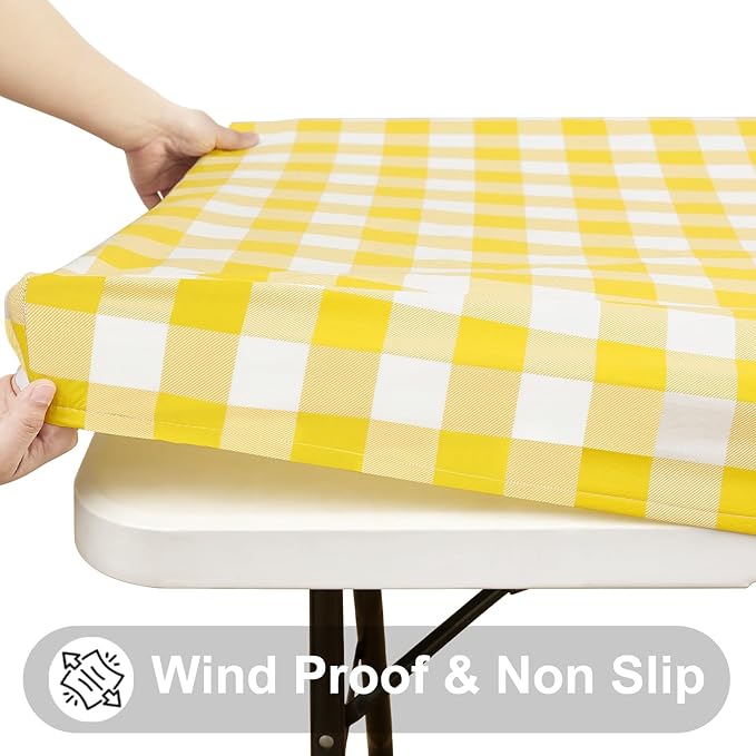 Smiry Rectangle Picnic Table Cloth, Elastic Waterproof Fitted Vinyl Tablecloths, Flannel Backed Buffalo Plaid Table Covers for Dining, Camping, Outdoor (White and Yellow, 36" x 96")